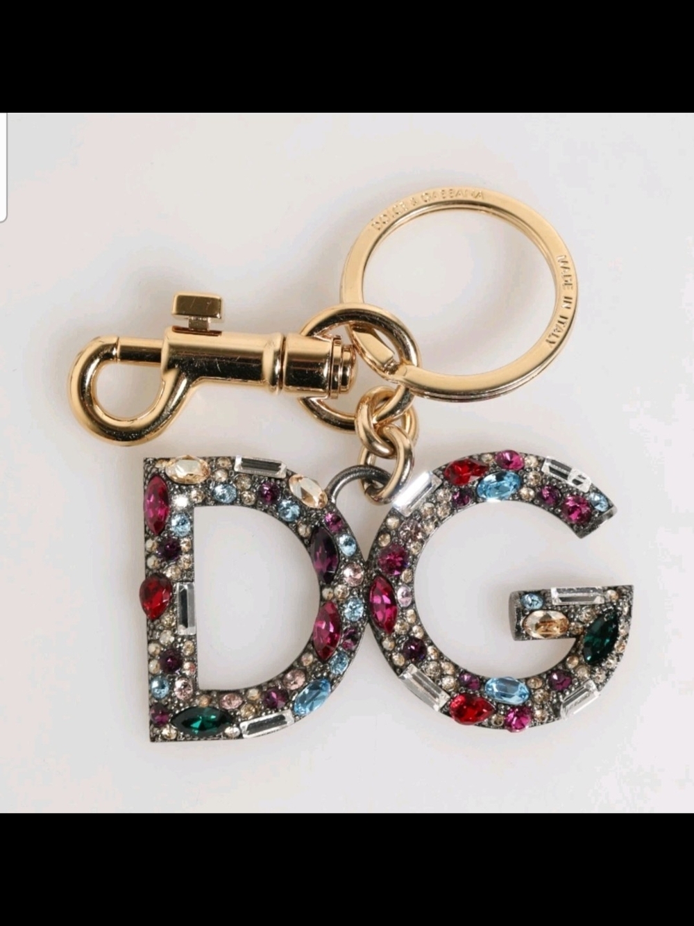 Dolce & Gabbana Gold-Tone DG Logo Key Holder Bag Charm Multicolored Crystals